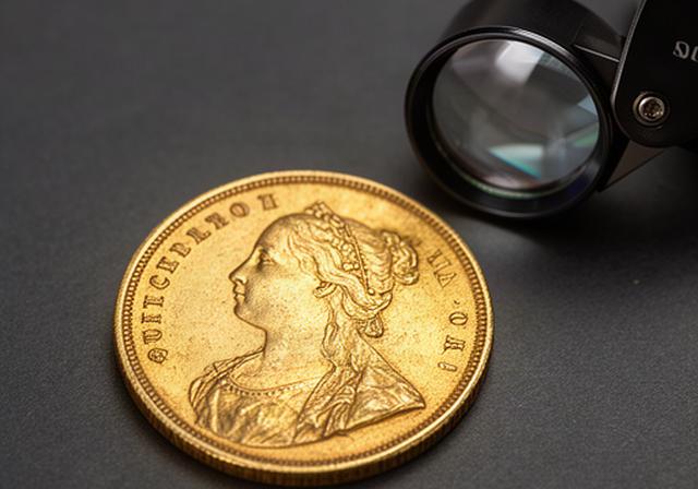 1893 Victoria gold sovereign beside a magnifying loupe on a charcoal display surface