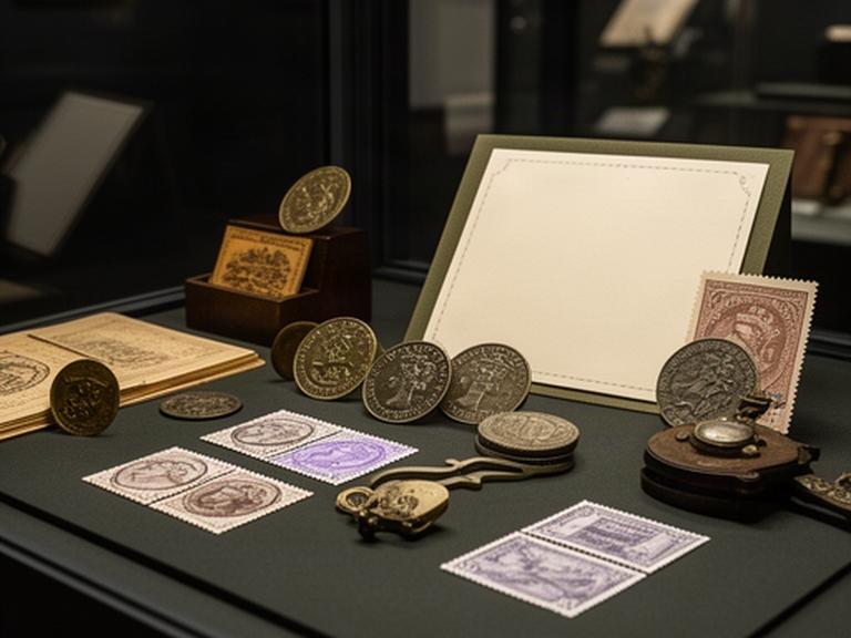 Carefully arranged British coins, stamps and vintage memorabilia in a secure collectibles showroom