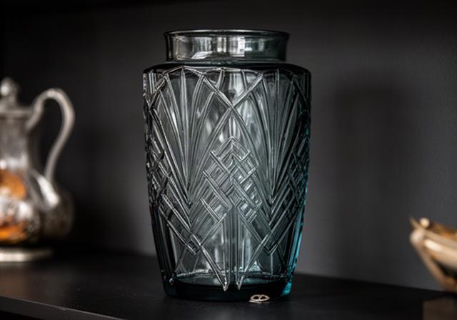Art Deco pressed glass vase with geometric pattern on a collector's display shelf