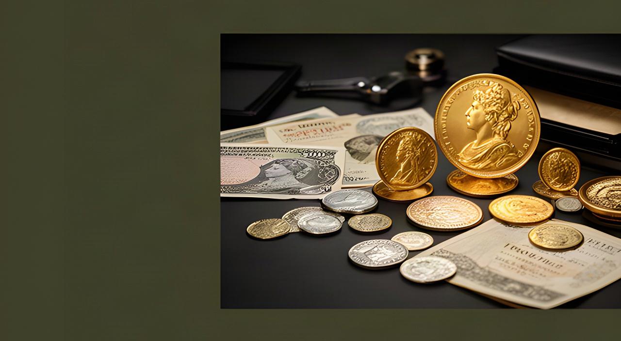 Gold sovereigns, pre-decimal coins and British banknotes arranged on a dark collector's desk