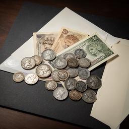 British silver coins and banknotes arranged on a dark collector's desk