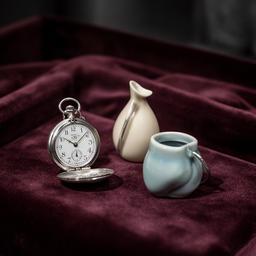 Fine silver jewellery, pocket watch and ceramic piece on a velvet display