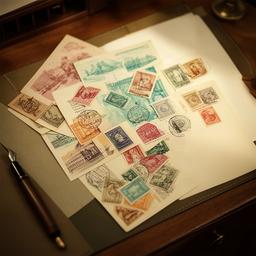 Vintage postage stamps and illustrated postcards spread across a writing desk