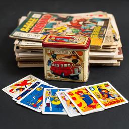Vintage toy tin, comic books and trading cards arranged for a collector