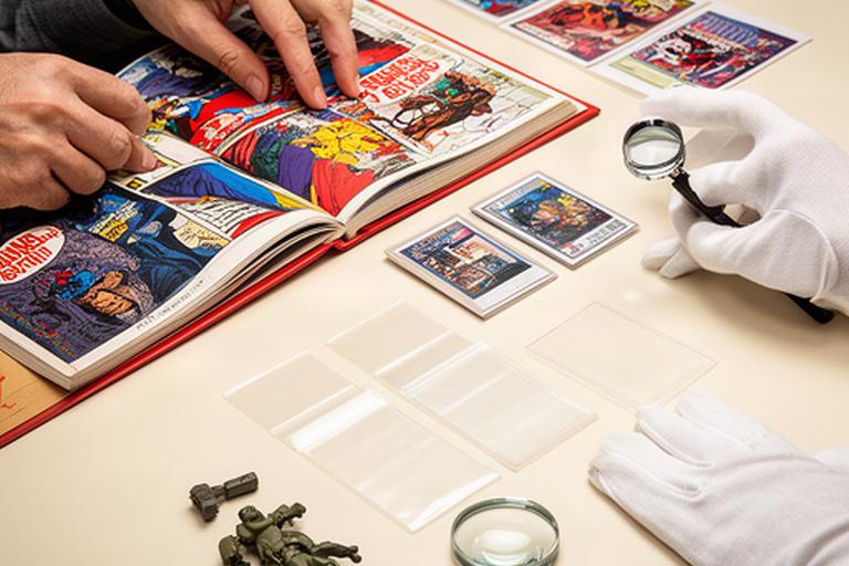 Collector inspecting comic pages, card corners and vintage toy accessories at a well-lit assessment table