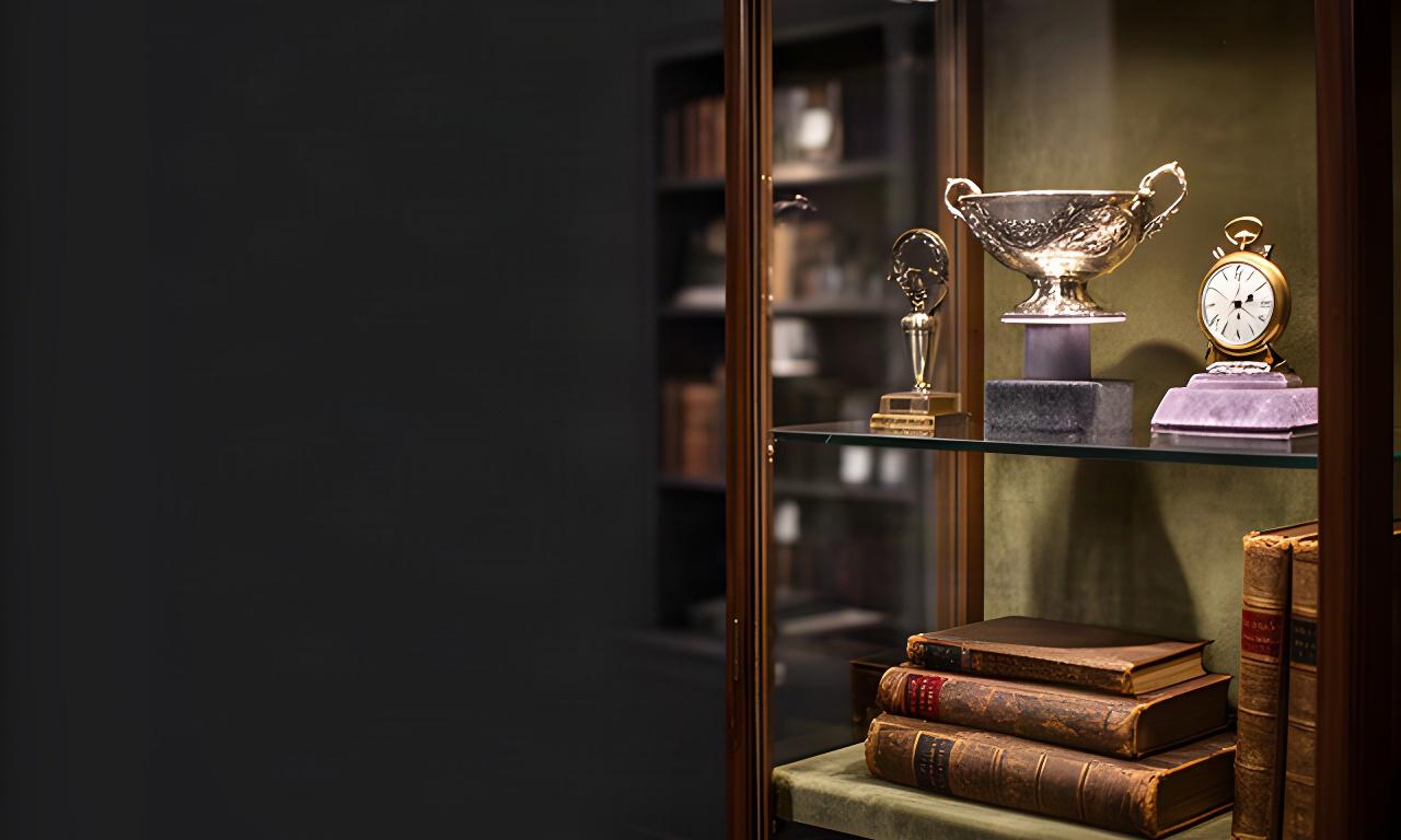 Glass display cabinet holding British silver, a Swiss watch and antique books in a softly lit collector's room