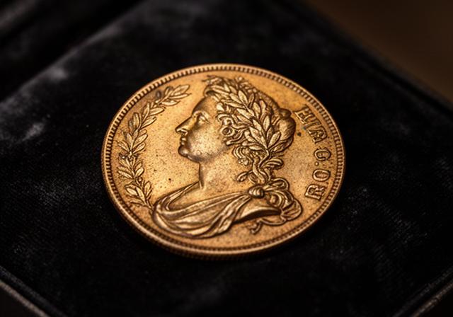 George III gold guinea coin with detailed laurel head resting on a black velvet pad
