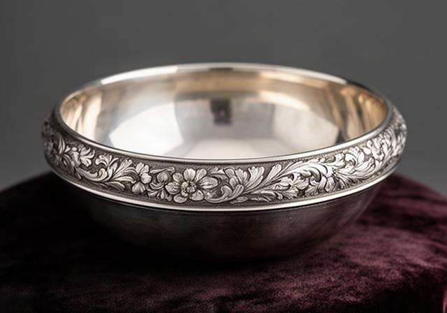 Hallmarked British silver bowl with engraved rim displayed on dark velvet