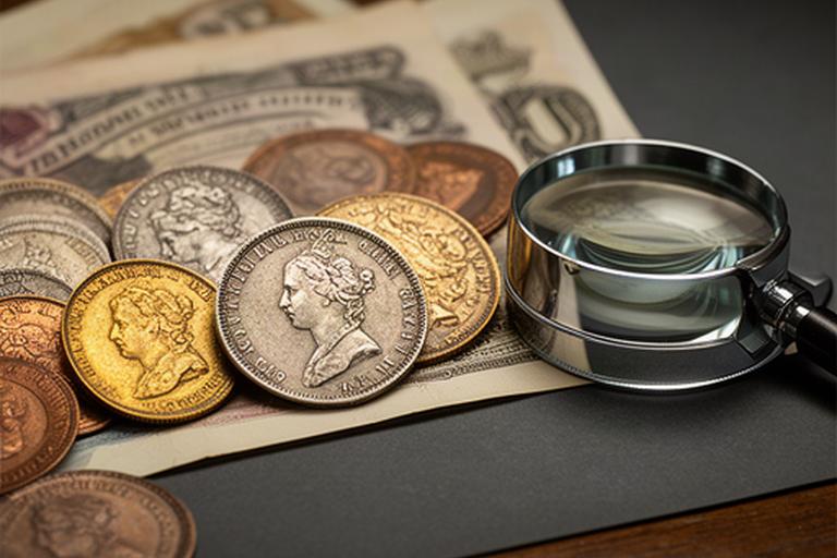 Close view of Victorian British coins and banknotes arranged beside a magnifying loupe