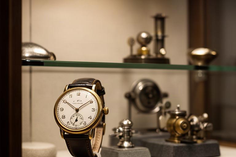 Antique wristwatch and fine collectible objects arranged in a softly lit glass cabinet