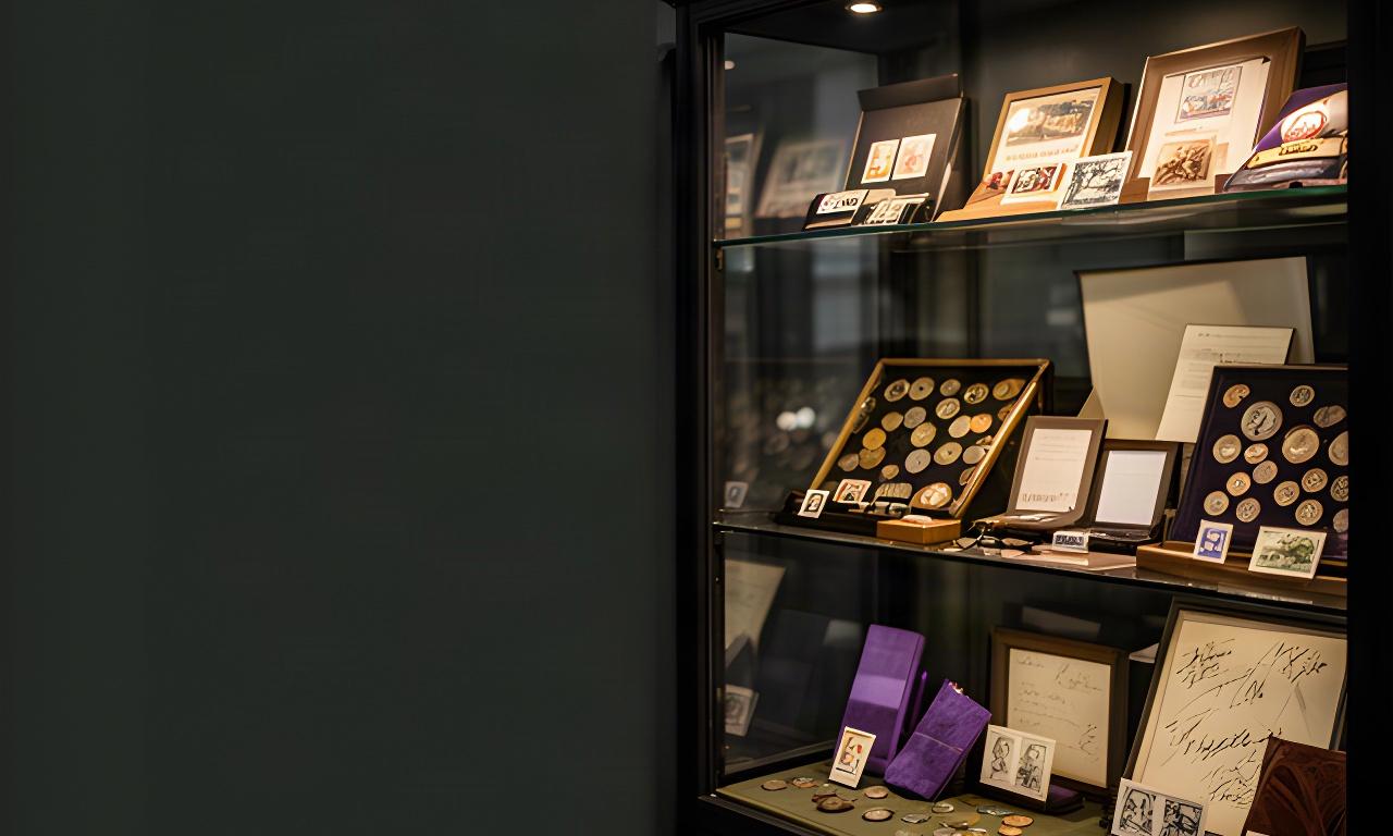 Glass display cabinet holding British coins, postage stamps and signed sports memorabilia in a dark specialist showroom