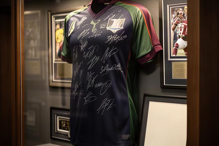 Signed football shirt and framed entertainment memorabilia in a specialist display