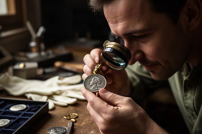 Collectibles specialist examining a British coin with a loupe at a wooden workbench in Earlestown