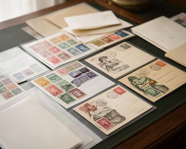 Vintage British stamps and illustrated postcards displayed on a collector's desk