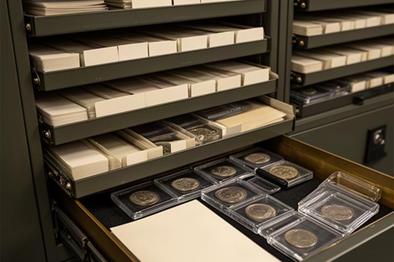 Secure archival storage drawers holding labelled coin trays and protective collectible cases