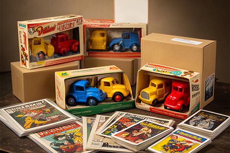 Vintage boxed toys, comic books and trading cards arranged on a collector's table