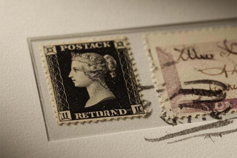 Close view of a Victorian Penny Black stamp beside a handwritten postal history note