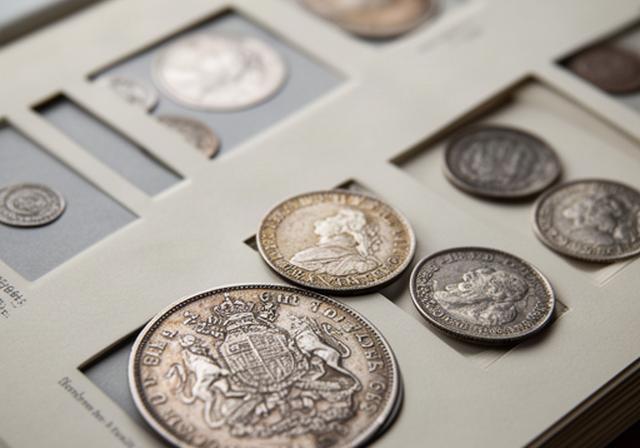 British pre-decimal silver sixpence coins from different dates arranged in a collector's album