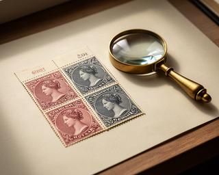 Queen Victoria British stamp block displayed beside a magnifying loupe