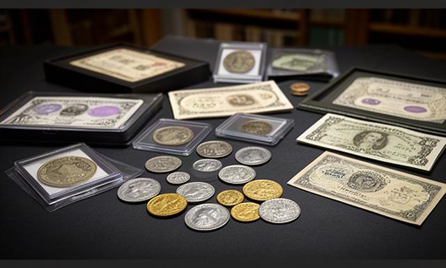 Rare British coins and banknotes arranged on a dark collector's display table