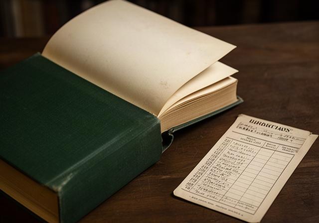 Rare first edition book in green cloth binding open beside a library catalogue card