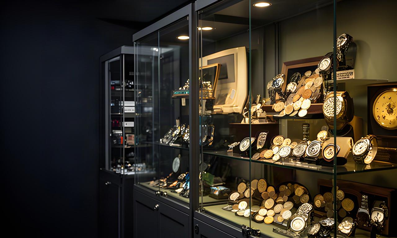Glass display cases holding coins, watches and vintage memorabilia in a secure collection room