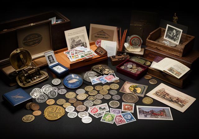 Assorted British coins, stamps and vintage memorabilia arranged on a dark collector's desk