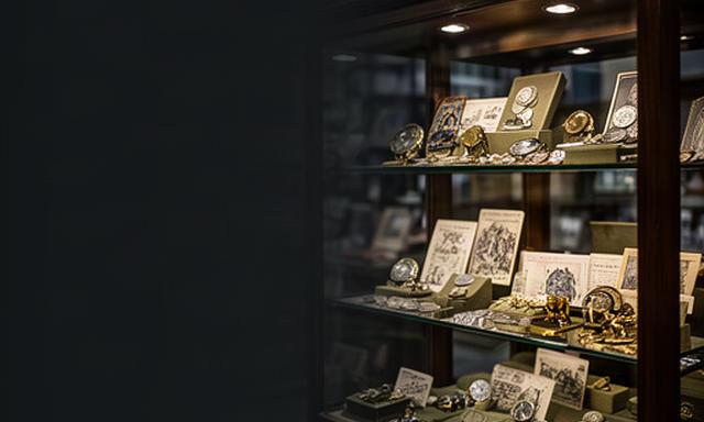 Glass display cabinet holding British coins, vintage postcards and small memorabilia in a dark specialist shop
