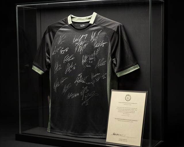 Framed signed football shirt in a glass display case with its certificate beside it