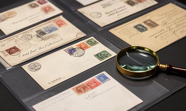 British stamps and postal history covers arranged beside a magnifying glass