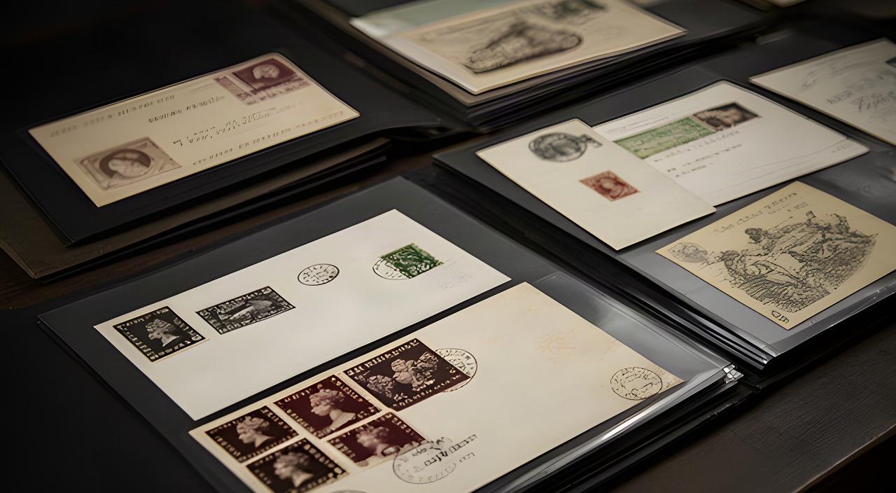 British Penny Black stamps, first-day covers and vintage postcards arranged on a dark collector's desk