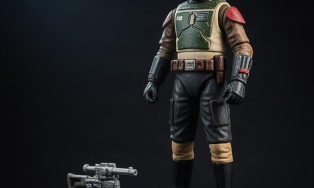 Vintage Star Wars action figure and blaster accessory photographed on a dark display plinth