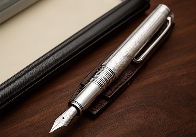 Sterling silver fountain pen with engraved cap resting beside a leather writing case