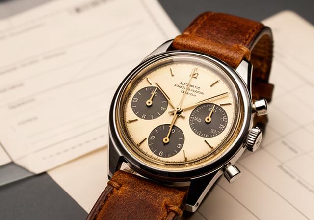 Vintage Swiss chronograph watch with cream dial and leather strap beside its service notes
