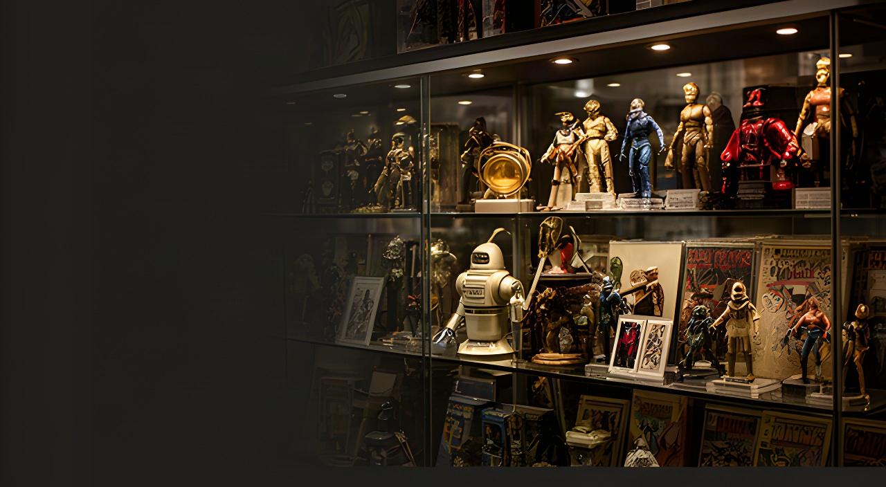Display cabinet of vintage Star Wars figures, Doctor Who props, comics and trading cards in a specialist UK collectibles shop