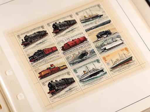 British transport stamp sheet showing railway locomotives and coastal steamships on a collector's album page
