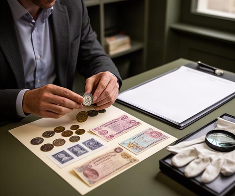 Specialist examining British coins, banknotes and stamps beside a written valuation report in a well-lit appraisal room