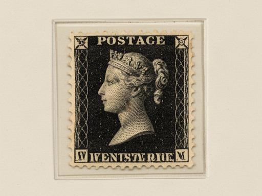 1840 Victorian Penny Black stamp mounted on archival paper with visible Maltese Cross cancellation