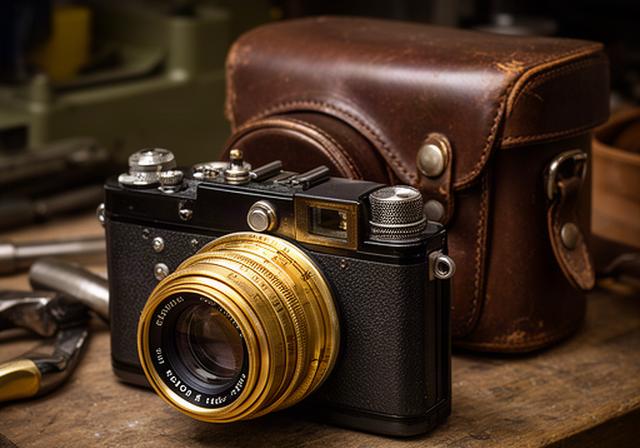 Vintage 35mm camera with brass lens and leather case arranged on a workshop table