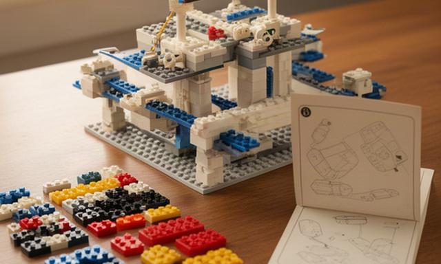 Vintage LEGO space set assembled beside sorted original bricks and an instruction booklet