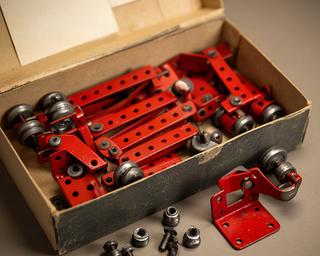 Vintage Meccano construction set with red metal parts arranged in its original box